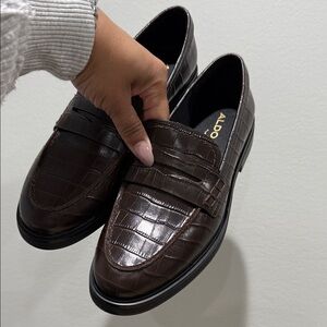 Aldo Dark Brown Croc-Embossed Loafers